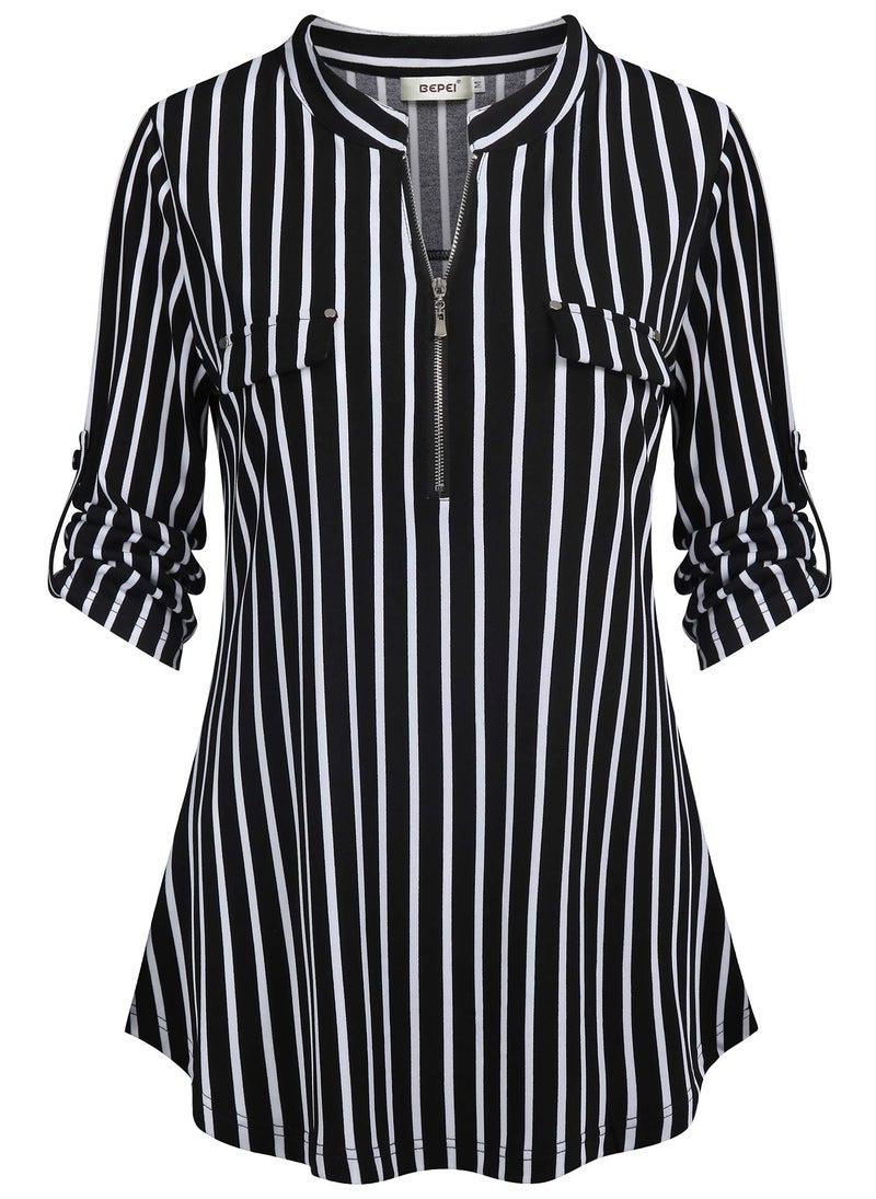 BEPEI Tunic Tops for Women,Notch V Neck Vertical Stripe Tunic Top Fall Fashion Blouses 2025 Summer 3/4 Sleeve T-Shirt Easily Wear with Jeans Capris Work Casual Shirts Black White L - Image 1